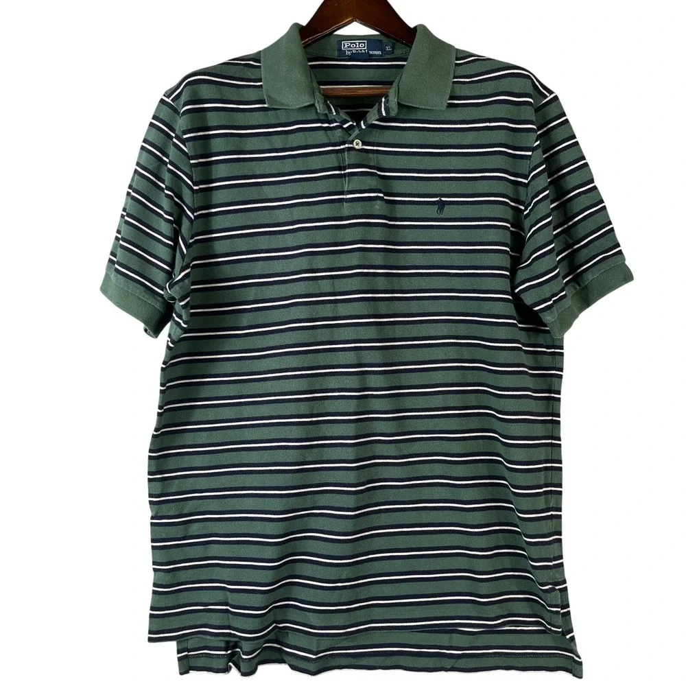 VTG Polo Ralph Lauren Mens XL Green Navy Stripe Mesh Polo Shirt Preppy Golf 90s